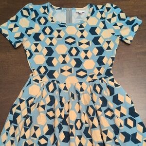 LuLaRoe Amelia Geometric Dress in Blue and Beige